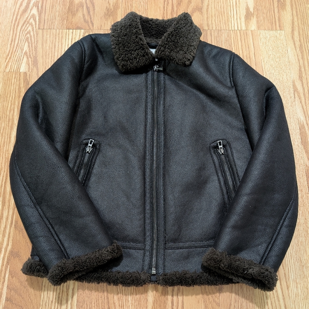Zara Black Faux Leather Jacket with Shearling Trim Girls 9